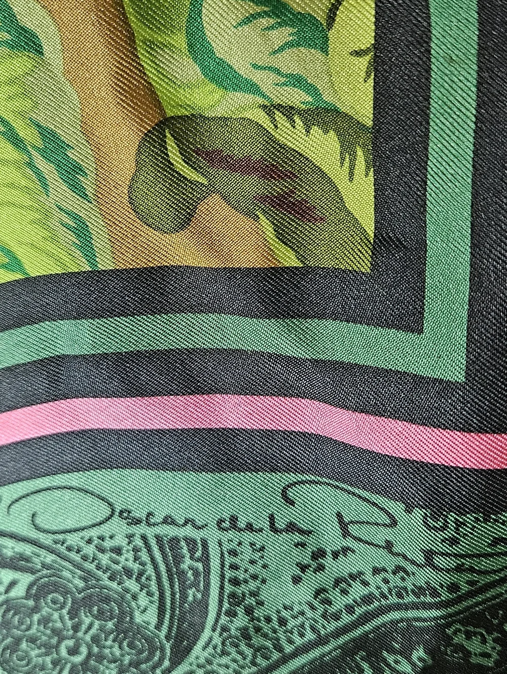 Oscar De La Renta Silk Scarf Square Green Pink Vintage Hand Sewn Paisley